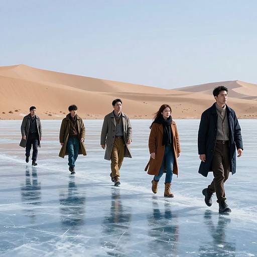 Photograph of five people walking on a frozen lake with sand dunes in the background, dressed in winter coats and boots.