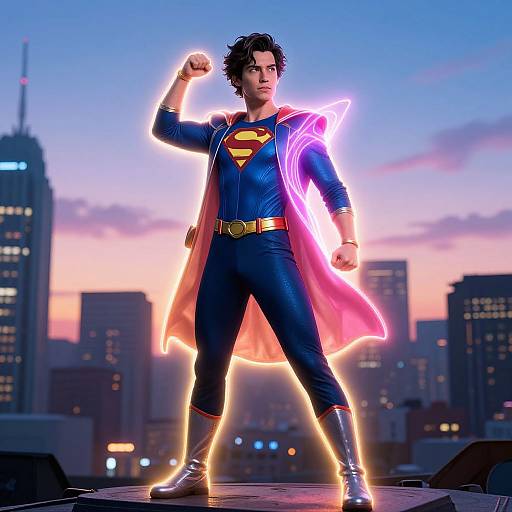 CGI image of Superman standing on rooftop at sunset, flexing arm, glowing red cape, blue suit with yellow 