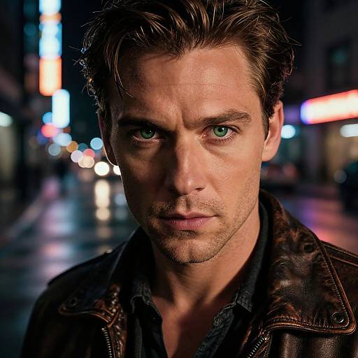 Photograph of a serious, handsome man with piercing green eyes, light stubble, and tousled brown hair, wearing a dark leather jacket, against