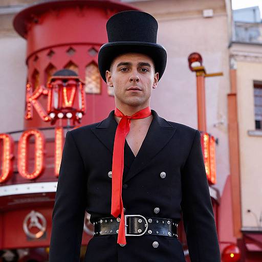 Photograph of a man in a black top hat, black double-breasted jacket with red ribbon, and black belt, standing in front of a red