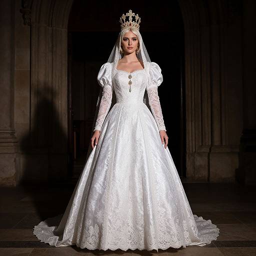 Photograph of a blonde woman in a white, lace-trimmed, puffed-sleeve wedding gown with a long veil and crown, standing