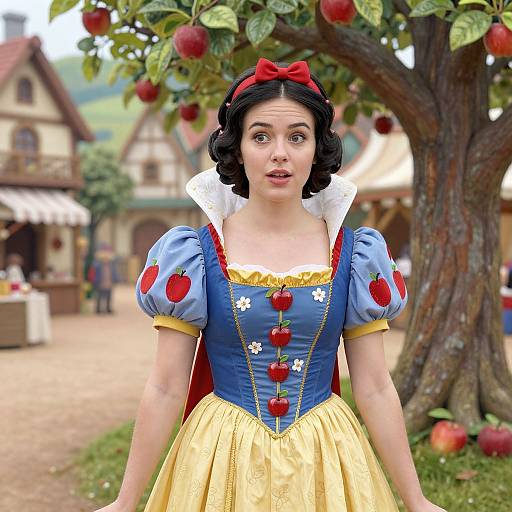 Digital illustration of a surprised Snow White with black curls, red bow, blue dress, yellow skirt, and red buttons, standing under an apple tree with