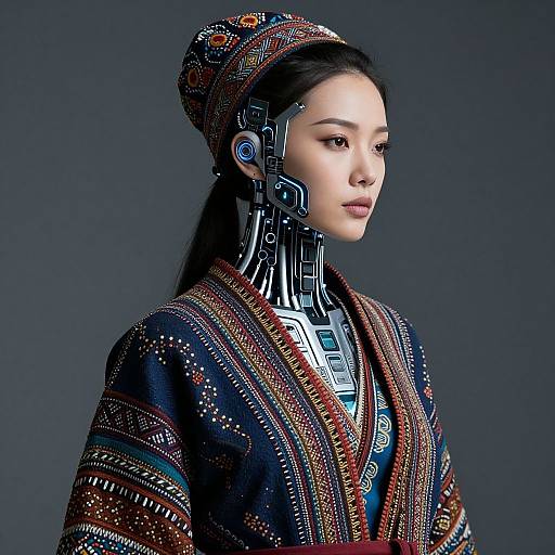 Digital art of an East Asian woman with cybernetic neck implants, wearing a detailed, multicolored traditional robe and headscarf, against a