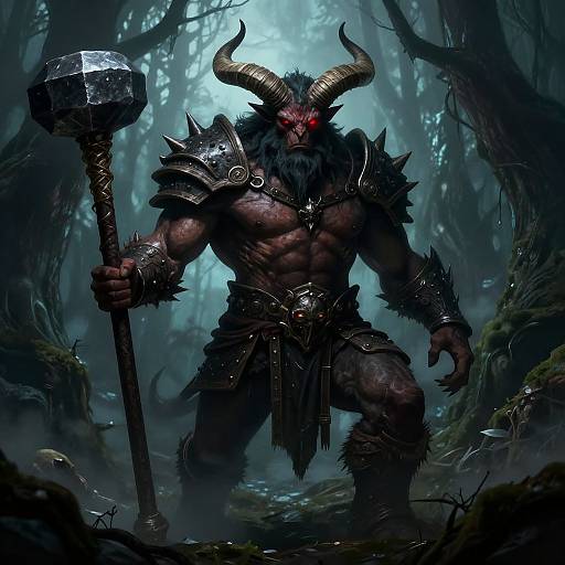 Digital artwork of a muscular, demonic warrior with black fur, red eyes, large horns, and spiked armor, holding a heavy mallet in a dark