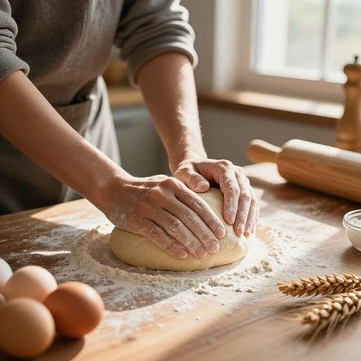 Photograph of hands kneading dough on a flour-covered wooden table, with eggs, wheat stalks, and a wooden rolling pin in the background.