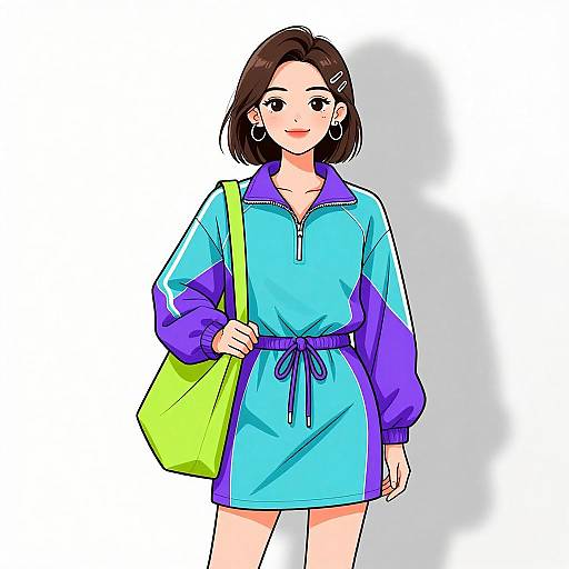 Digital anime-style drawing of a cute, short-haired woman with brown hair, wearing a blue and purple zip-up dress, lime green bag, and hoop