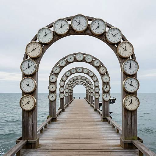 Photograph of a wooden pier with an archway made of multiple clock faces, leading to the ocean under a cloudy sky.