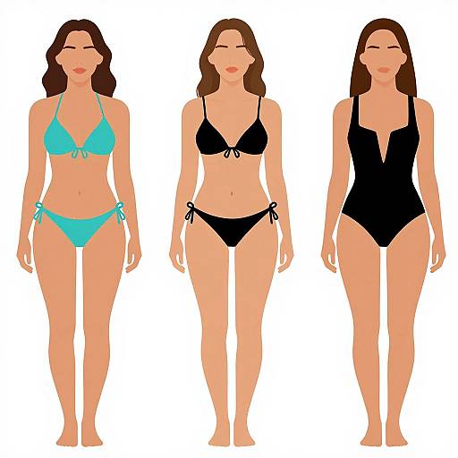 Digital illustration of three women with brown hair, wearing different bikinis: turquoise with string ties, black with bow, and solid black one-piece. White
