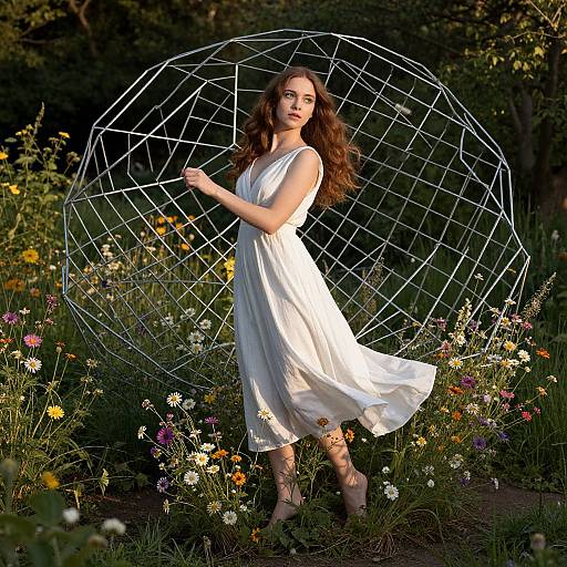 Photograph of a young woman with wavy brown hair, wearing a flowing white dress, standing in a garden with colorful wildflowers, holding a large