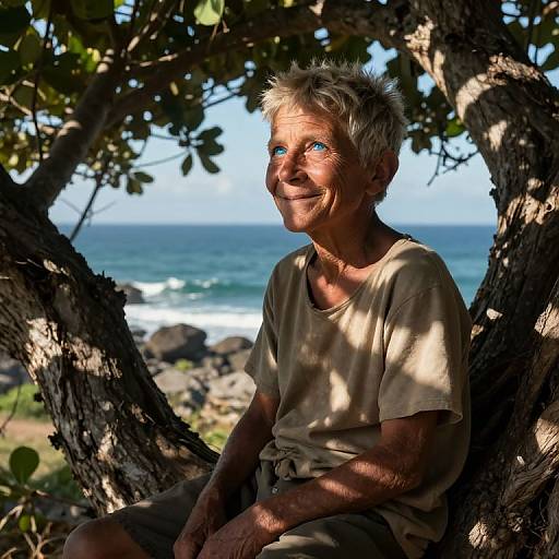 Photograph of an elderly woman with short, white hair, smiling under a tree, wearing a beige shirt, with ocean and rocks in the background.