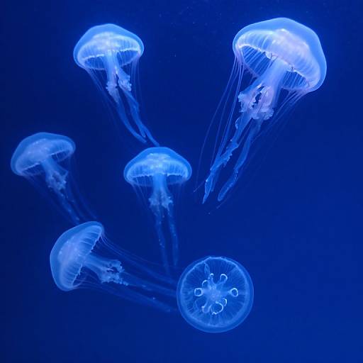 Photograph of six glowing blue jellyfish with translucent, umbrella-shaped bodies and trailing tentacles, floating against a deep blue background.