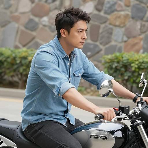 Man on Motorcycle Against Stone Wall