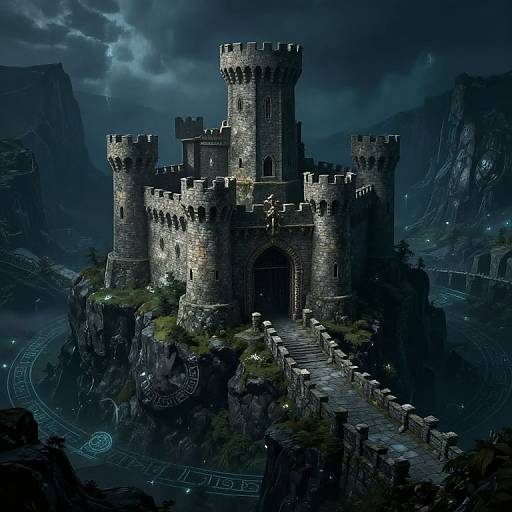 Mysterious, dark-blue night sky illuminates a towering, stone castle with four tall towers, perched on a rocky island surrounded by mountains and magical