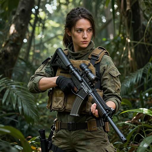 Photograph-style CGI of a serious, dark-haired woman in camouflage military gear and tactical vest, holding a black rifle, standing in a dense, green