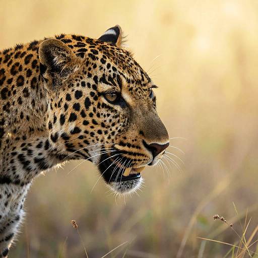 Close-up photograph of a leopard's head in profile, showcasing its spotted fur, intense gaze, and whiskers against a golden, blurred sunset background.