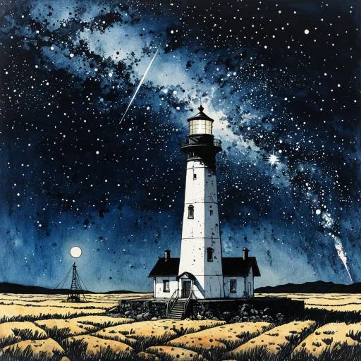 Celestial Lighthouse in Surreal Retro Art Celestial Lighthouse in Surreal Retro Art