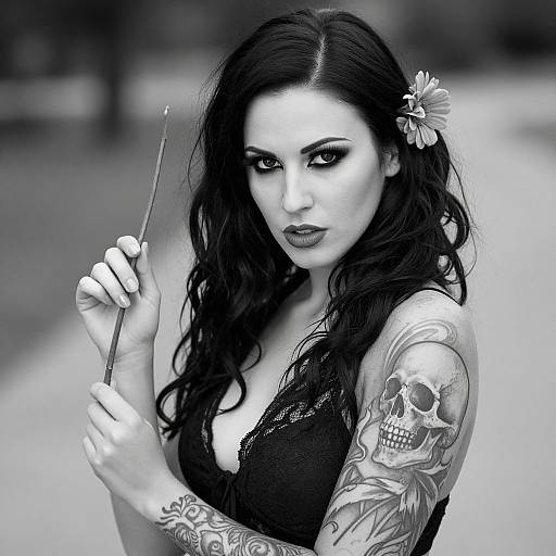 Black-and-white photograph of a tattooed woman with long dark hair, wearing a lace top, holding a pen, and a flower in her hair,