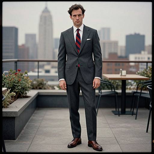 Photograph of a handsome man with dark hair, wearing a gray pinstripe suit, white shirt, red and black striped tie, and brown shoes