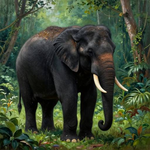 Photorealistic digital artwork of a large, dark gray elephant with long white tusks standing in a lush, green jungle, surrounded by dense foliage and