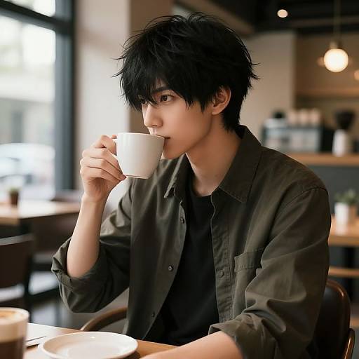 Photograph of a young Asian man with black, tousled hair, wearing a dark green shirt, sipping from a white mug in a cozy,