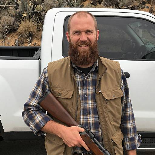 Smiling Bearded Man with Rifle Outdoors