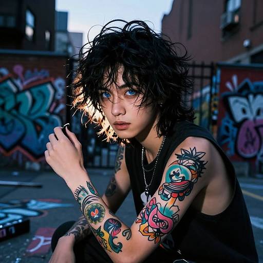 Photograph of a young, androgynous person with messy black hair, blue eyes, and colorful tattoos, holding a lighter in a graffiti-covered