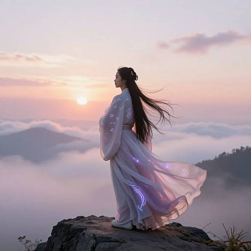 Digital artwork: Silhouetted woman with long black hair, wearing a flowing white gown with glowing patterns, stands on a rocky peak at sunset,