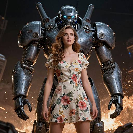 Photorealistic CGI: Beautiful woman in floral dress stands confidently in front of a large, metallic robot against a fiery, industrial background.