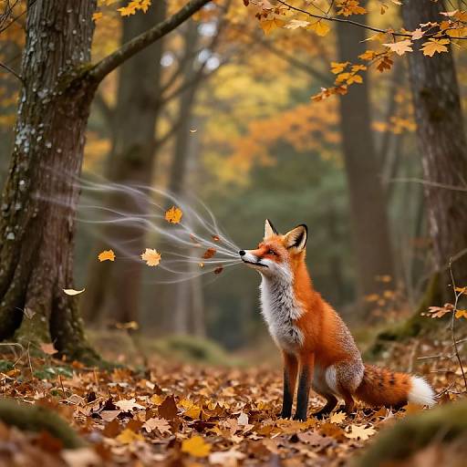 Photograph of a red fox sitting in a forest, blowing autumn leaves with its breath, surrounded by orange and yellow foliage.