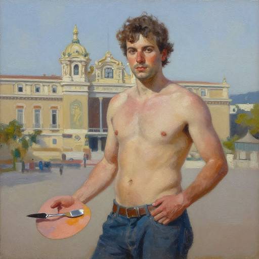 Shirtless, muscular man with curly brown hair, holding paintbrush on circular palette, stands in front of a baroque-style building. Digital painting