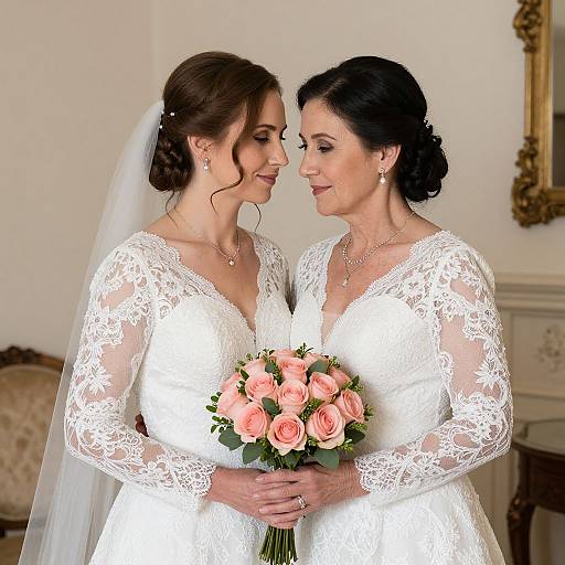 Photograph of two smiling mature women in white lace wedding dresses, facing each other, holding a pink rose bouquet, indoors.