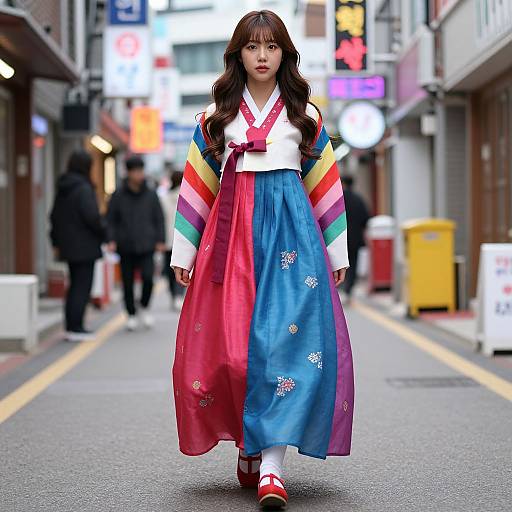 Photograph of an Asian girl with long brown hair, wearing a colorful traditional Korean hanbok with red, blue, and rainbow sleeves, walking down