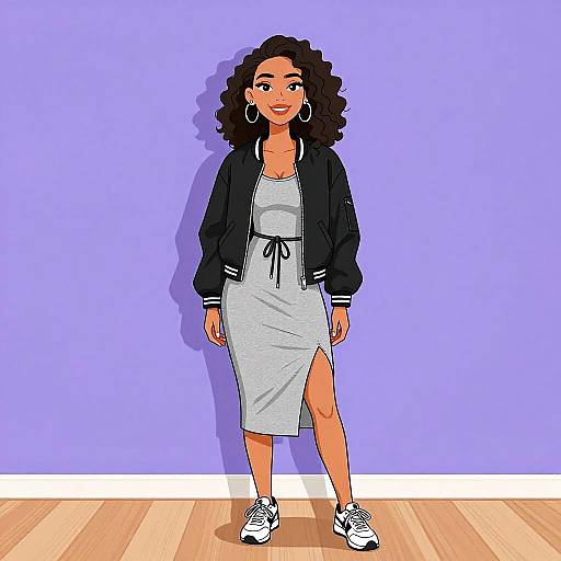 Digital illustration of a smiling woman with curly dark hair, wearing a grey dress, black jacket, and white sneakers, standing against a purple wall on wooden
