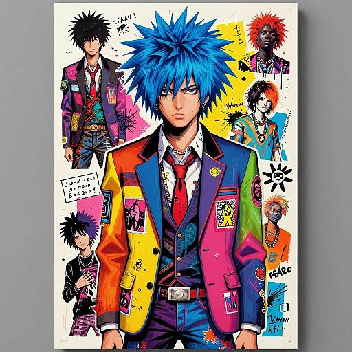 Digital anime artwork of a blue-haired boy in a colorful, patch-covered suit, surrounded by smaller, similarly styled characters. Bold colors and dynamic composition.