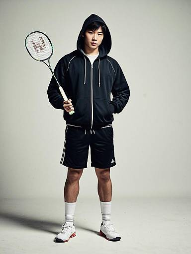 Young Male Badminton Player in Black Hoodie
