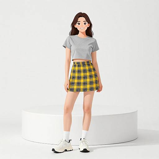 Digital illustration of a young woman with long dark hair, wearing a gray crop top, yellow plaid skirt, white socks, and white sneakers, standing