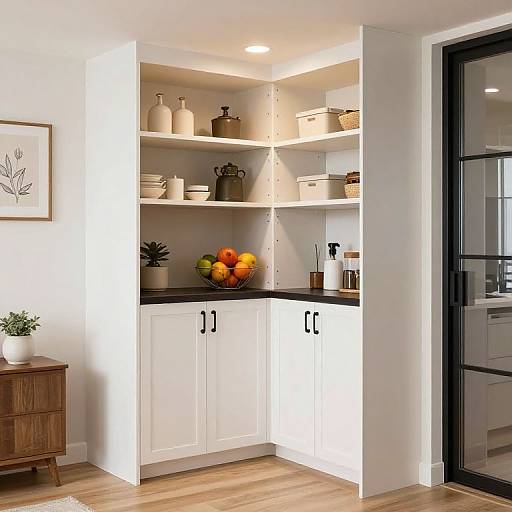 Photograph of a modern, white built-in pantry with open shelves, black countertops, assorted jars, fruit bowl, wooden floor, and adjacent framed artwork