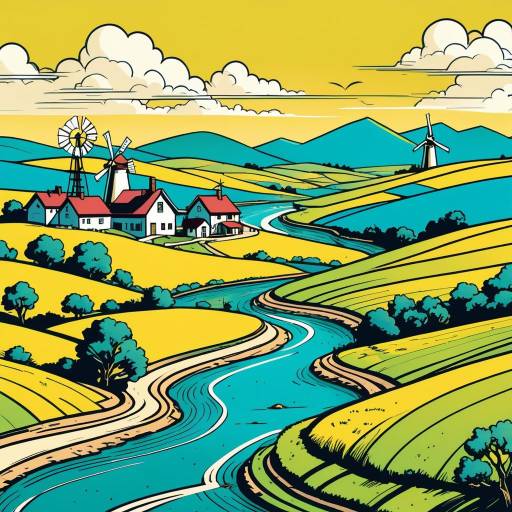 Colorful Rural Landscape with Windmills and River