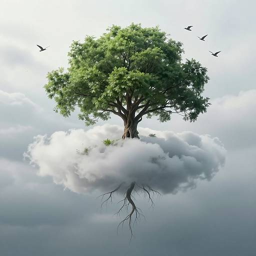 Surreal Tree Growing from Clouds