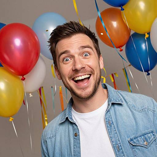 Photograph of a smiling, bearded man with dark hair, wearing a denim shirt and white t-shirt, surrounded by colorful balloons.