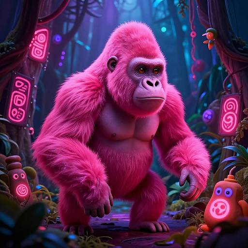 Digital art of a muscular, pink-furred, serious-looking gorilla standing in a vibrant, neon-lit forest with glowing symbols and small creatures.