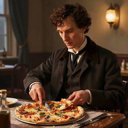 Photograph of a curly-haired man in a black coat and white shirt, slicing a pizza in a dimly lit, warm restaurant.