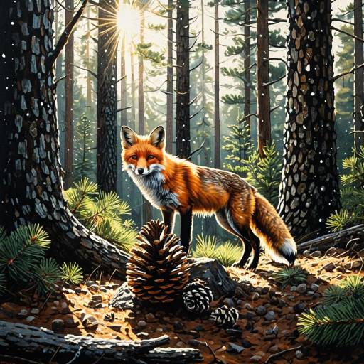 Red Fox in Sunlit Pine Forest