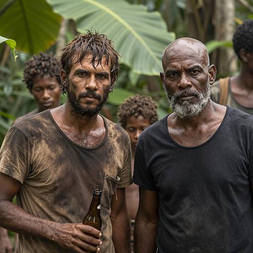 Two Men in Worn Clothing in Jungle Setting