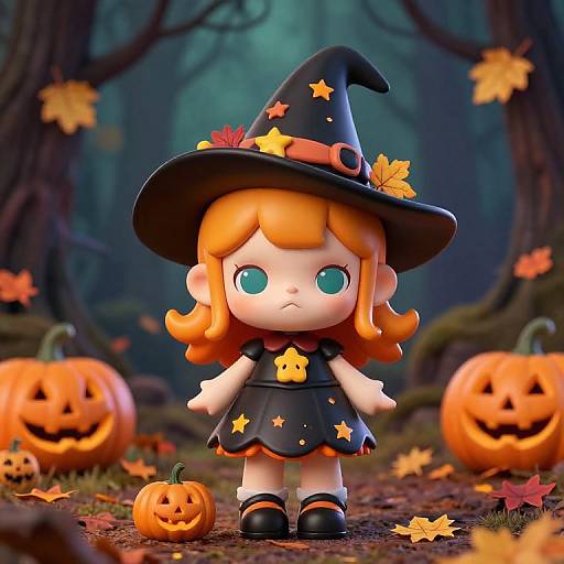 CGI image of a cute, chibi-style, orange-haired witch girl with green eyes, black dress, star-adorned hat, standing in