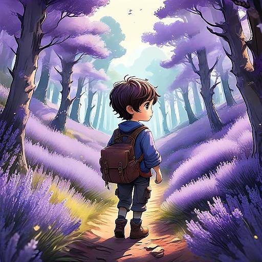 Digital anime-style drawing of a young boy with brown hair, wearing a blue shirt, backpack, and pants, standing on a path in a vibrant,