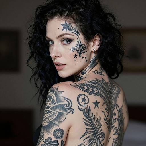 Photograph of a pale-skinned, curly-haired woman with extensive black star and feather tattoos on her face, neck, and back, looking over her
