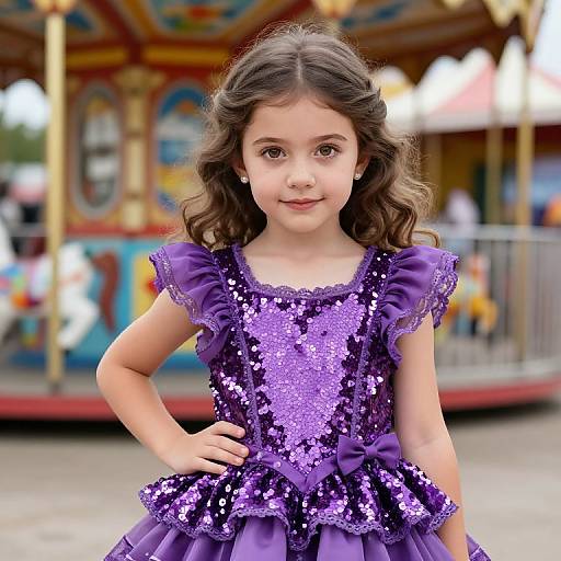 Photograph of a young girl with long brown hair, wearing a purple sequined dress, standing in front of a colorful, blurred carousel. She smiles
