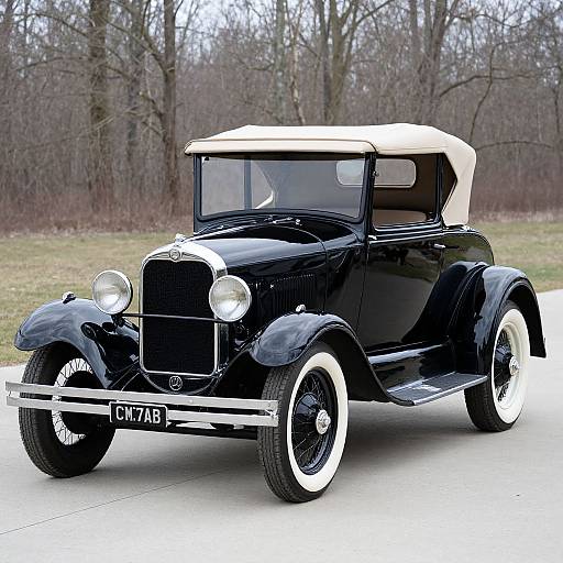 Photograph of a classic black vintage car with white-walled tires, cream roof, and license plate 