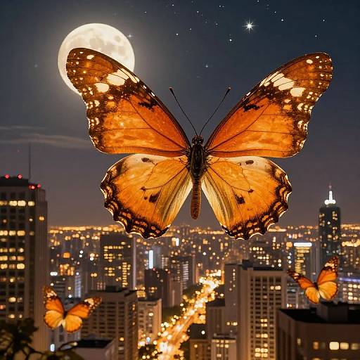 Photograph of a large, glowing orange butterfly with black spots, wings spread wide, hovering above a cityscape at night with a full moon, stars
